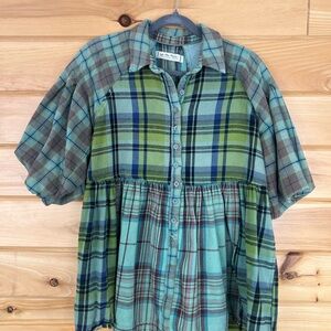 Free People Plaid Mini Dress in Green and Blue